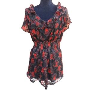 ISTER Plus Size Red Black Floral Print Top Blouse